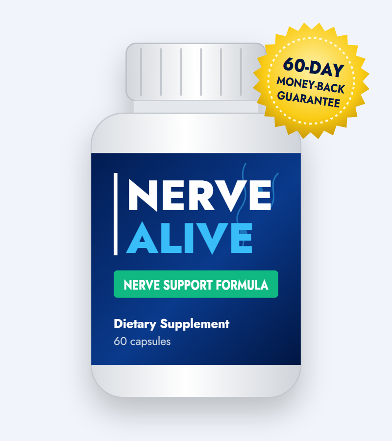 Nerve Alive nerve support supplement bottle with 60-day money-back guarantee